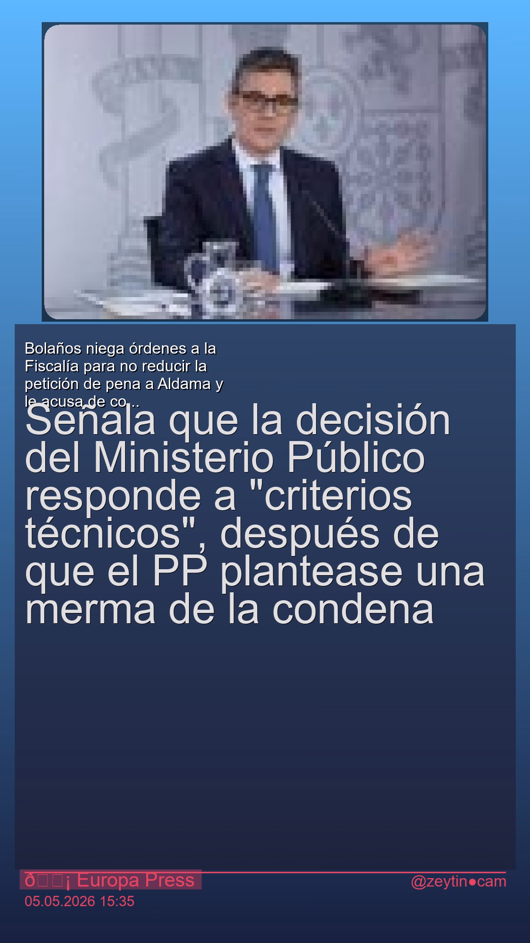 Bolaños niega órdenes a la Fiscalía para no reducir la petición de pena a Aldama y le acusa de colaborar con el PP