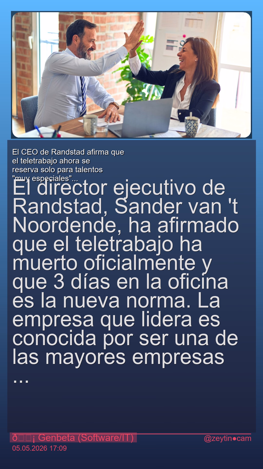 El CEO de Randstad afirma que el teletrabajo ahora se reserva solo para talentos “muy especiales” y explica quién tiene este perfil