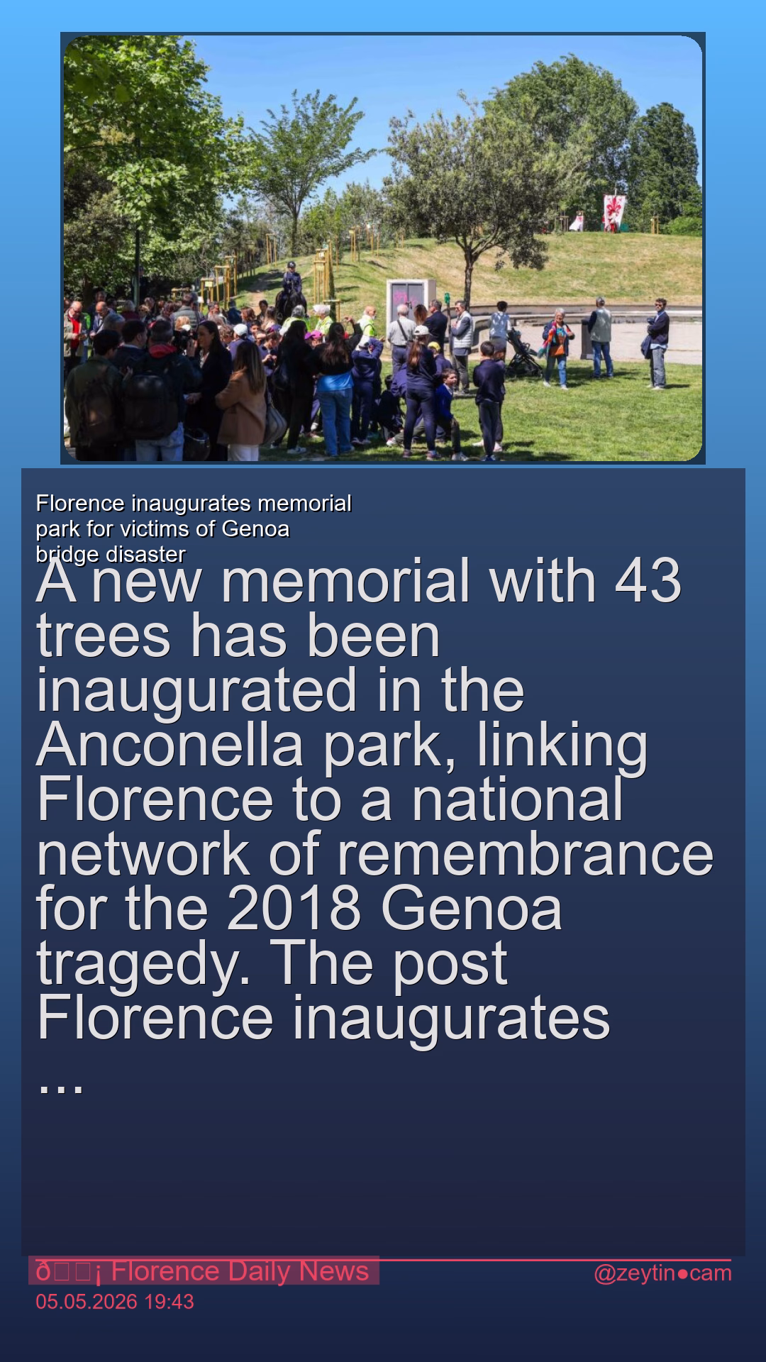 Florence inaugurates memorial park for victims of Genoa bridge disaster