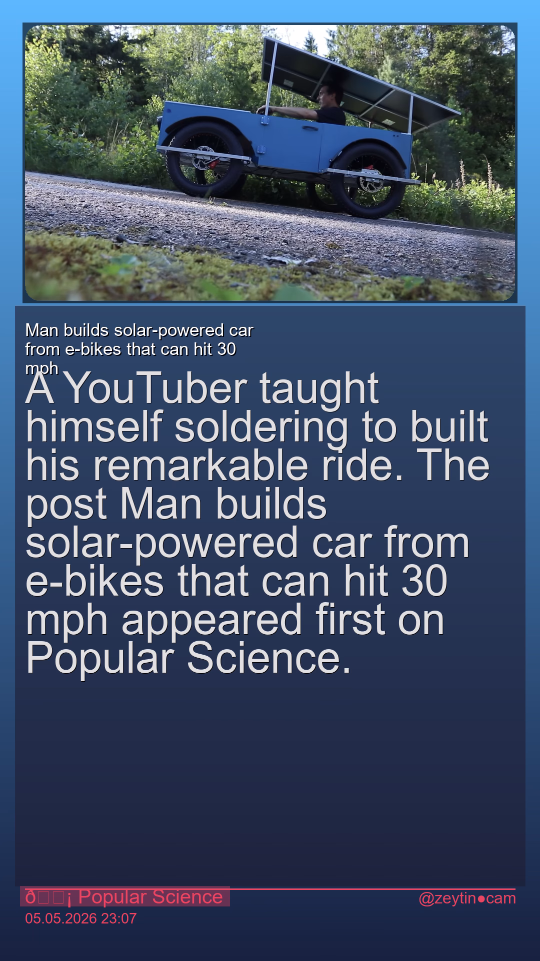 Man builds solar-powered car from e-bikes that can hit 30 mph